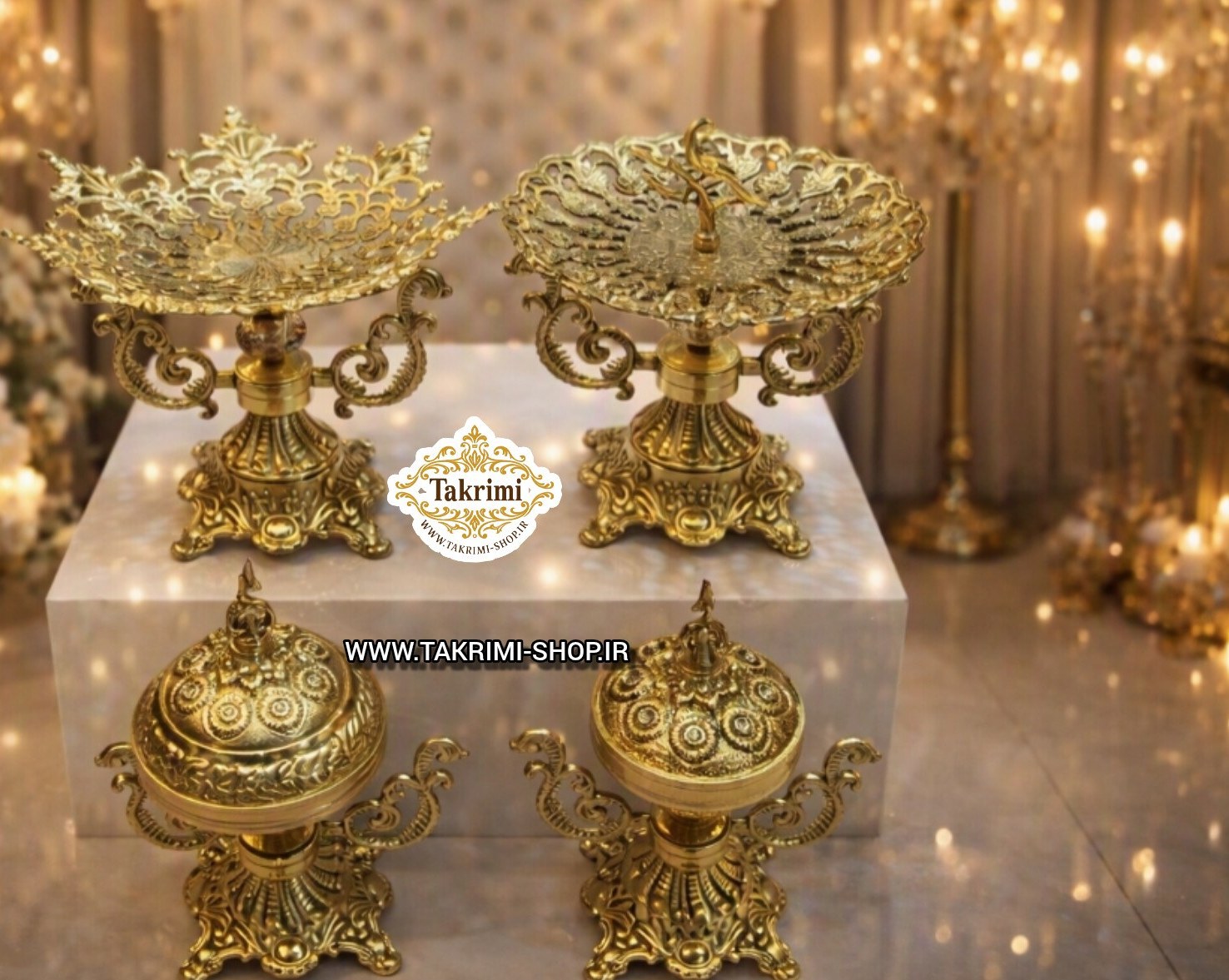 سرویس پذیرایی 4 چهار تکه دسته دار سلطنتی ( با آجیل خوری کوچک و شکلات خوری کوچک ) آلیاژی آلومینیومی