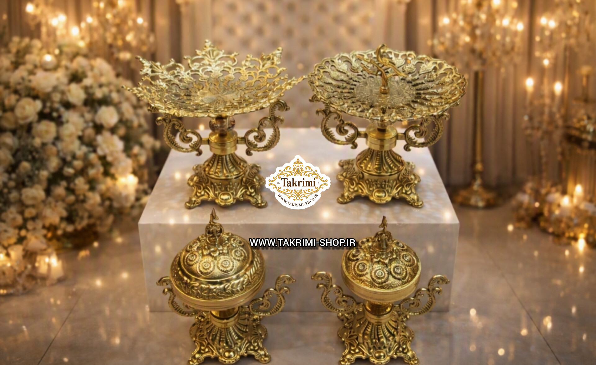 سرویس پذیرایی 4 چهار تکه دسته دار سلطنتی ( با آجیل خوری کوچک و شکلات خوری کوچک ) آلیاژی آلومینیومی