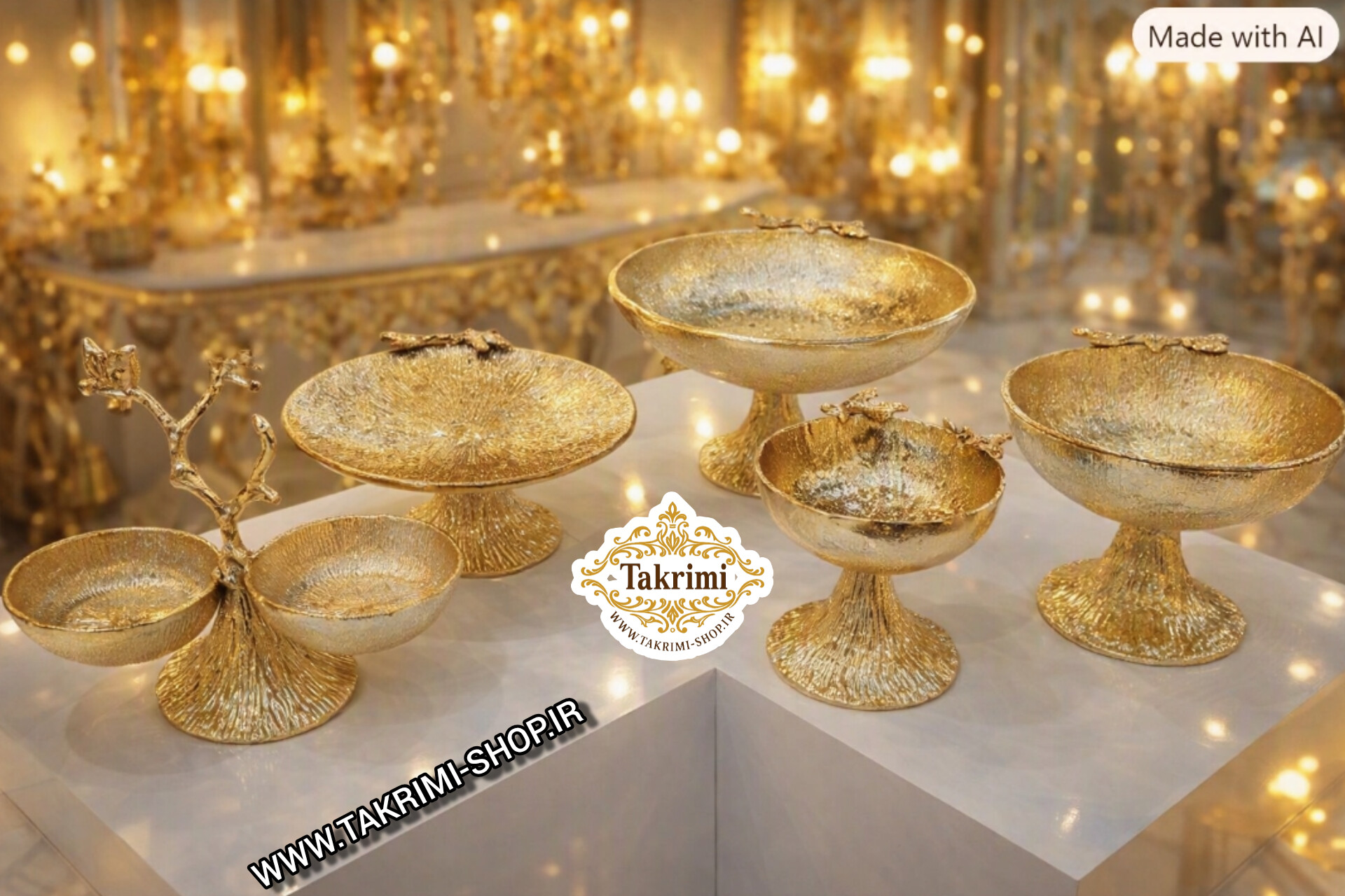 سرویس 5 تکه پذیرایی سولو پایه مخروطی طلایی براق جنس آلومینیوم خالص ( تکریمی شاپ )