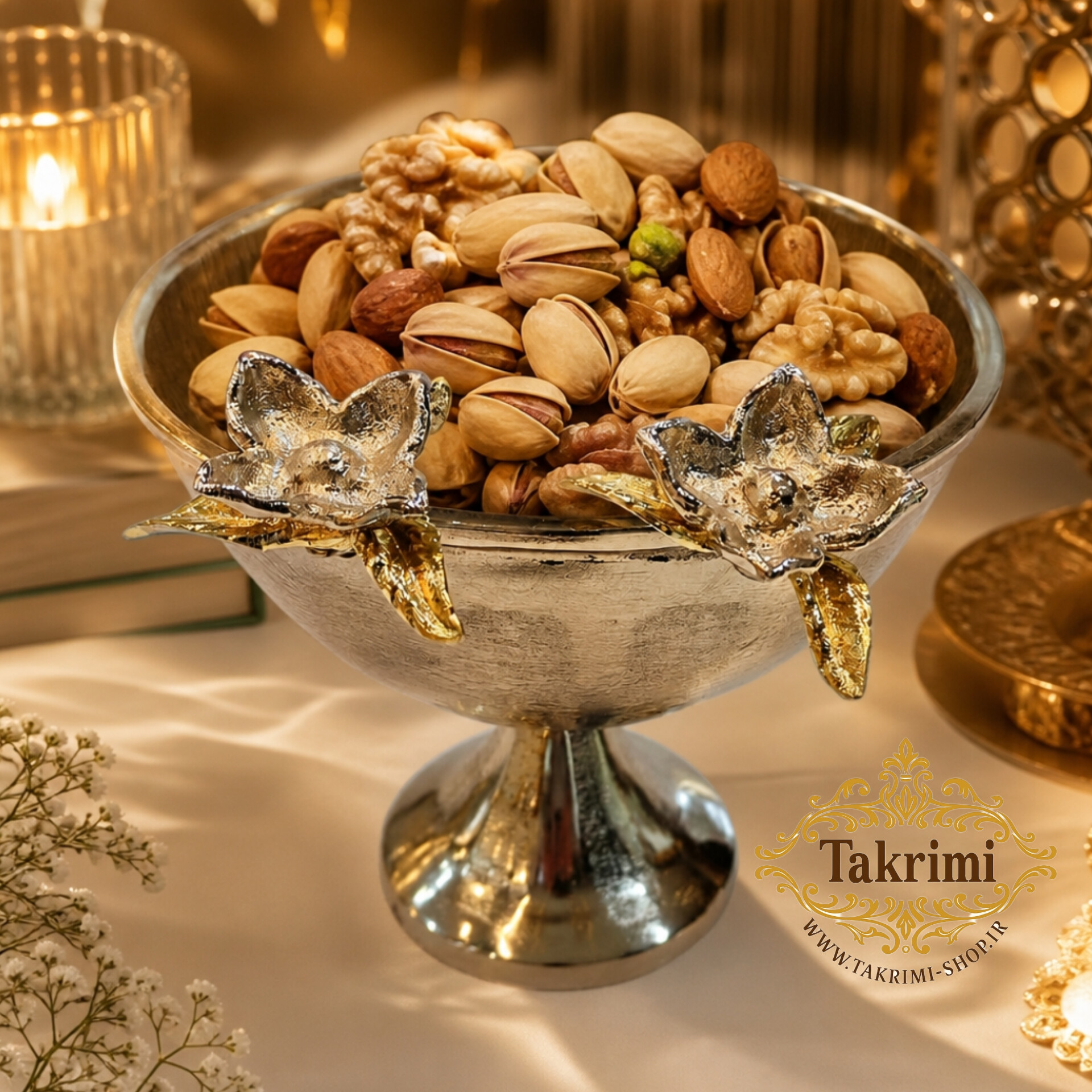 ظرف کاسه آجیل خوری نیلوفر نقره ای آلومینیومی آلیاژی ( توليدی تکریمی شاپ )