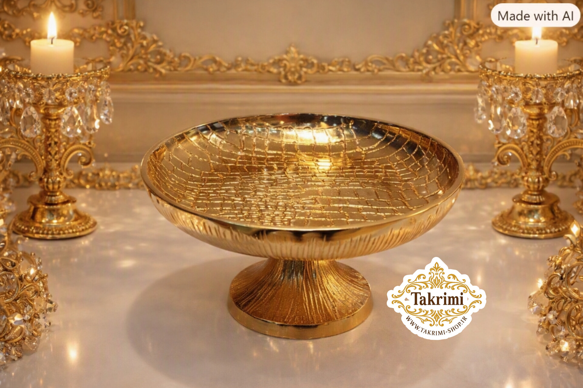 ظرف کاسه شکلات خوری مدل چرمی پوست ماری طلایی فورتیک آلومینیومی ( توليدی تکریمی شاپ )