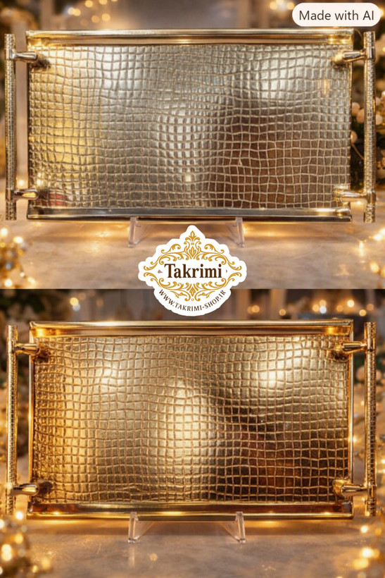 سینی چای خوری طرح چرمی پوست ماری تمساحی آلومینیومی خالص ( طلایی و نقره ای ) ( تکریمی شاپ )