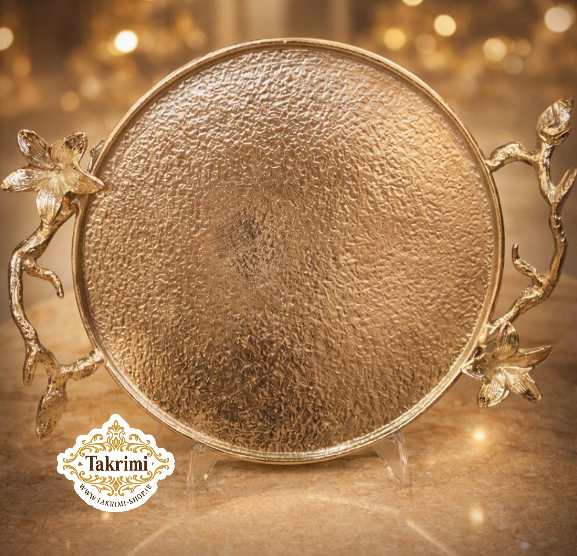 سینی گرد گل نسترن نرگس سولو کروم نقره ای آلومینیومی ( تولیدی تکریمی شاپ )