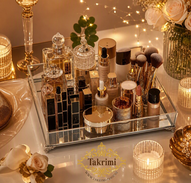 استند سینی مستطیل مناسب لوازم آرایشی نقره ای شیشه و استیل خالص ( توليدی تکریمی شاپ )