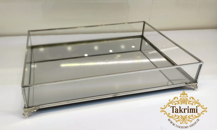 استند سینی مستطیل مناسب لوازم آرایشی نقره ای شیشه و استیل خالص ( توليدی تکریمی شاپ )