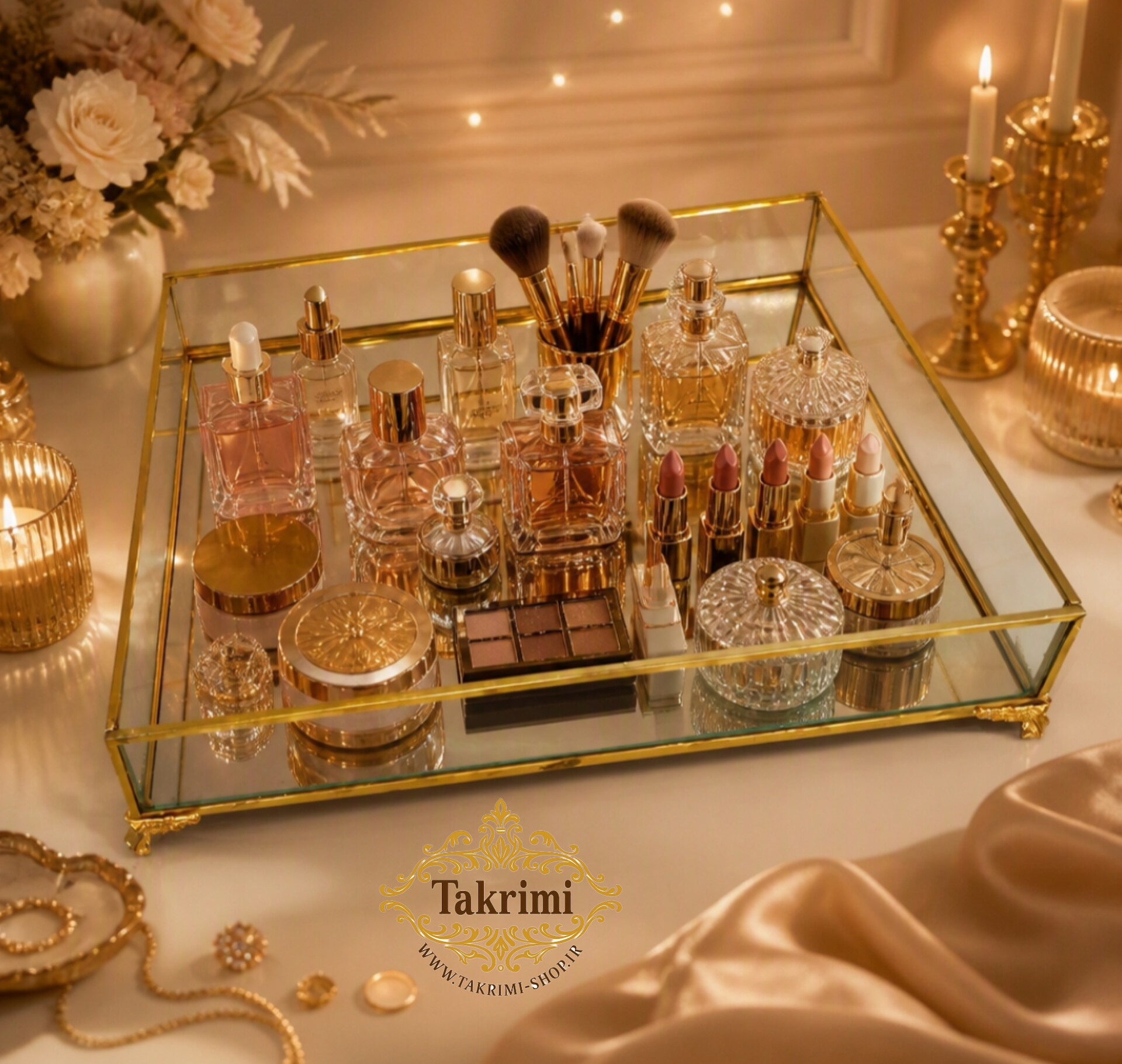 استند سینی مستطیل مناسب لوازم آرایشی طلایی شیشه و برنج خالص ( توليدی تکریمی شاپ )