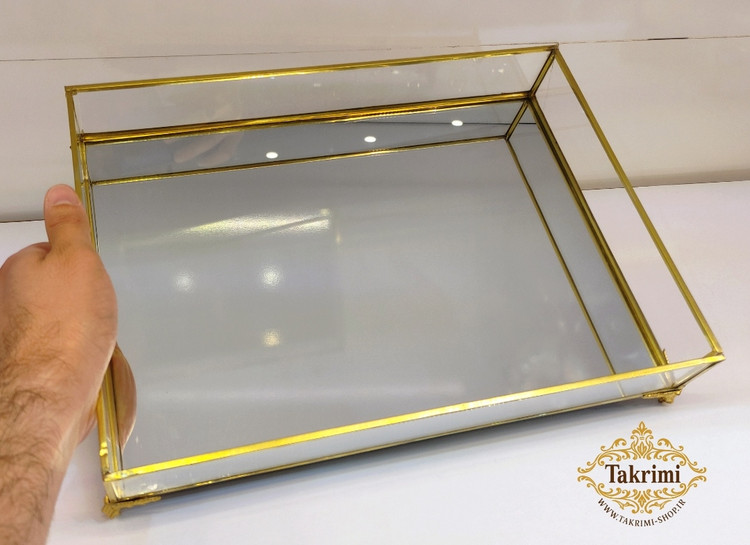 استند سینی مستطیل مناسب لوازم آرایشی طلایی شیشه و برنج خالص ( توليدی تکریمی شاپ )