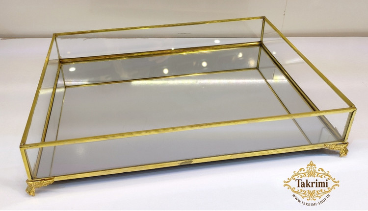 استند سینی مستطیل مناسب لوازم آرایشی طلایی شیشه و برنج خالص ( توليدی تکریمی شاپ )