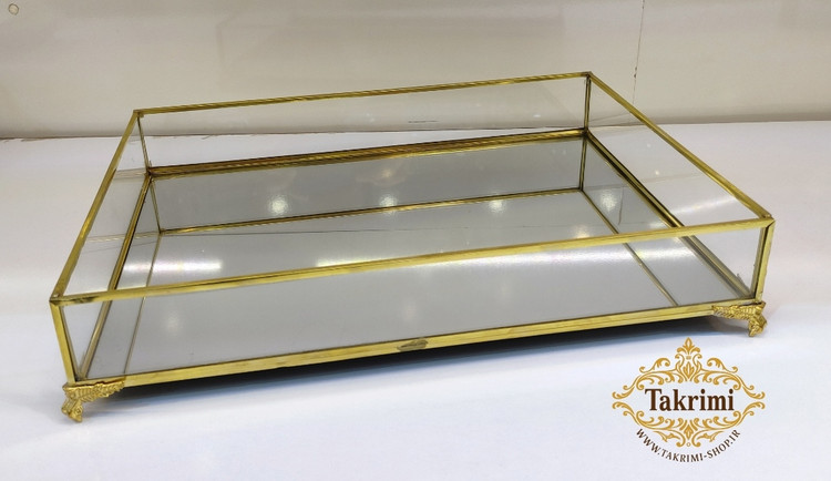 استند سینی مستطیل مناسب لوازم آرایشی طلایی شیشه و برنج خالص ( توليدی تکریمی شاپ )