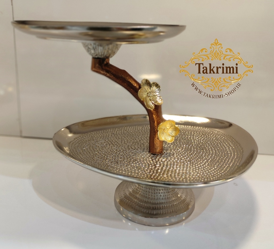 استند ظرف شیرینی خوری دو 2 طبقه 2طبقه دفرمه پایه دار گل فلورا آلومینیومی خالص ( تکریمی شاپ )