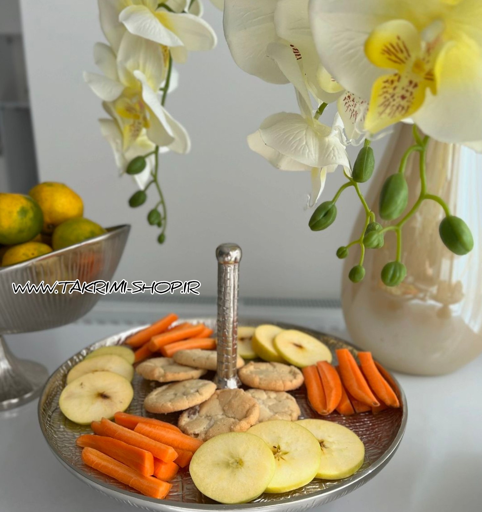 ظرف شیرینی خوری یا میوه خوری 1 یک طبقه سایز بزرگ دسته دار مدل چرمی پوست ماری آلومینیومی ( تکریمی شاپ )
