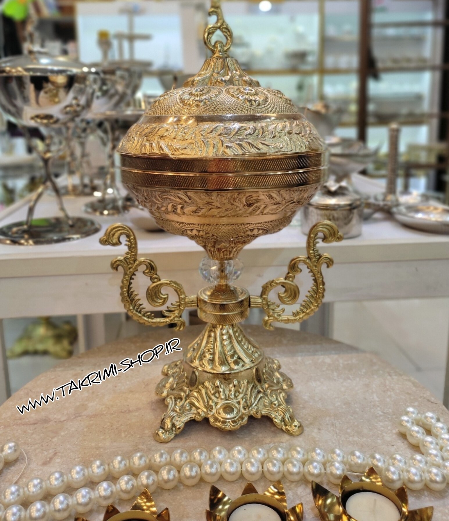 کاسه آجیل خوری ( سایز بزرگ ) دسته دار سلطنتی دکوری تزئینی با پایه بزرگ آلومینیومی آلیاژی ( تکریمی شاپ )