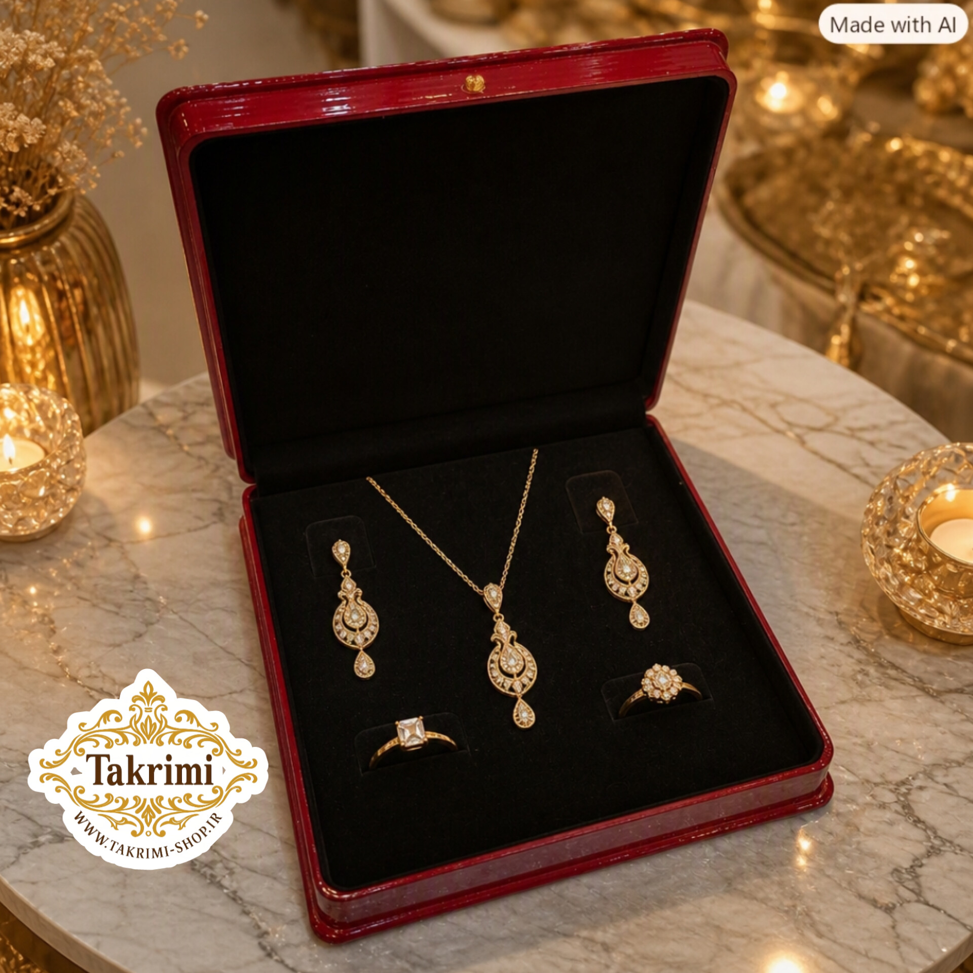 جعبه قاب سرویسی طلا و جواهرات پولی استر طرح دار زرشکی ( توليدی تکریمی شاپ )