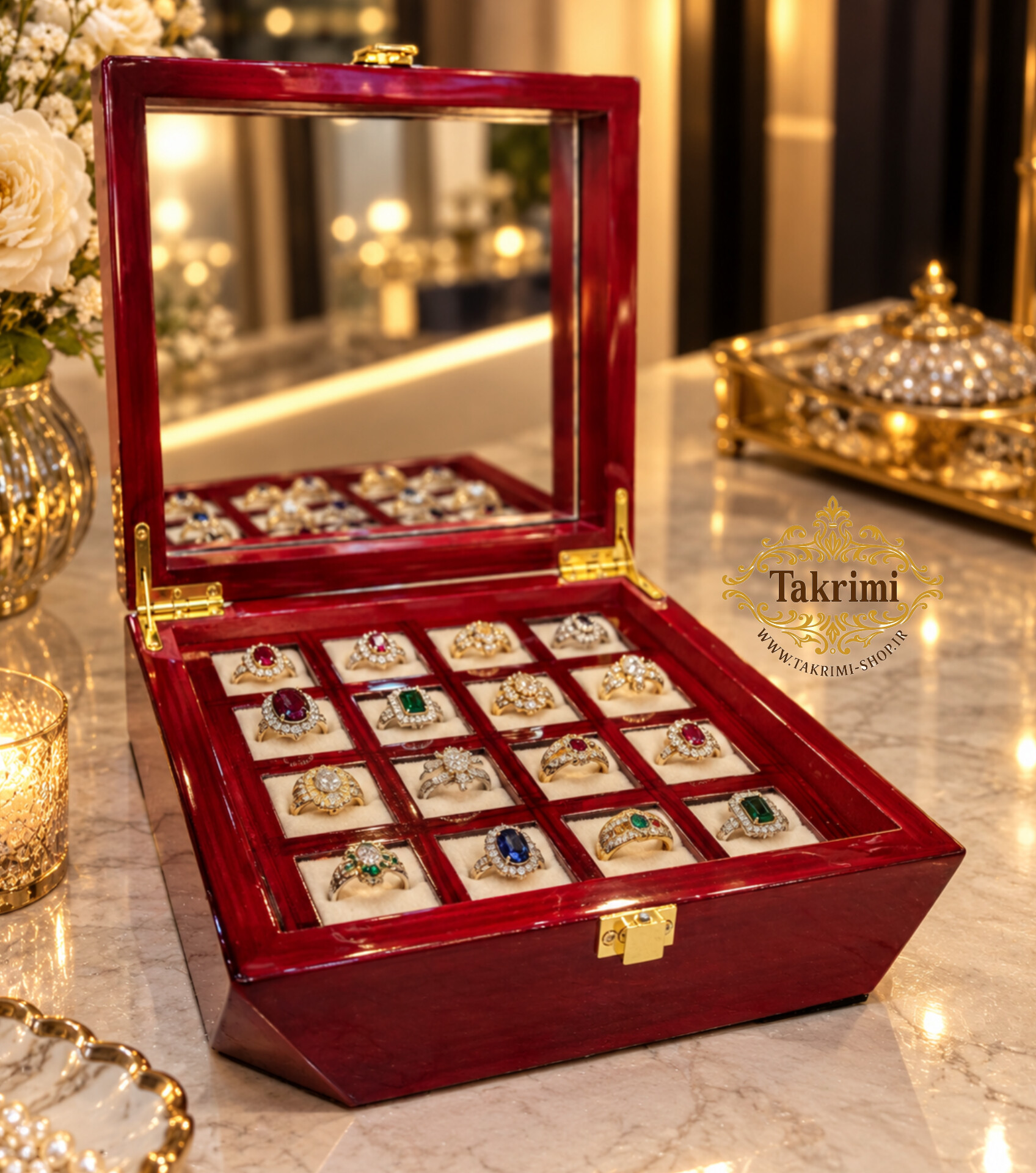 باکس قاب جعبه انگشتری کلکسیونی 16 عددی چوبی زرشکی ( توليدی تکریمی شاپ )