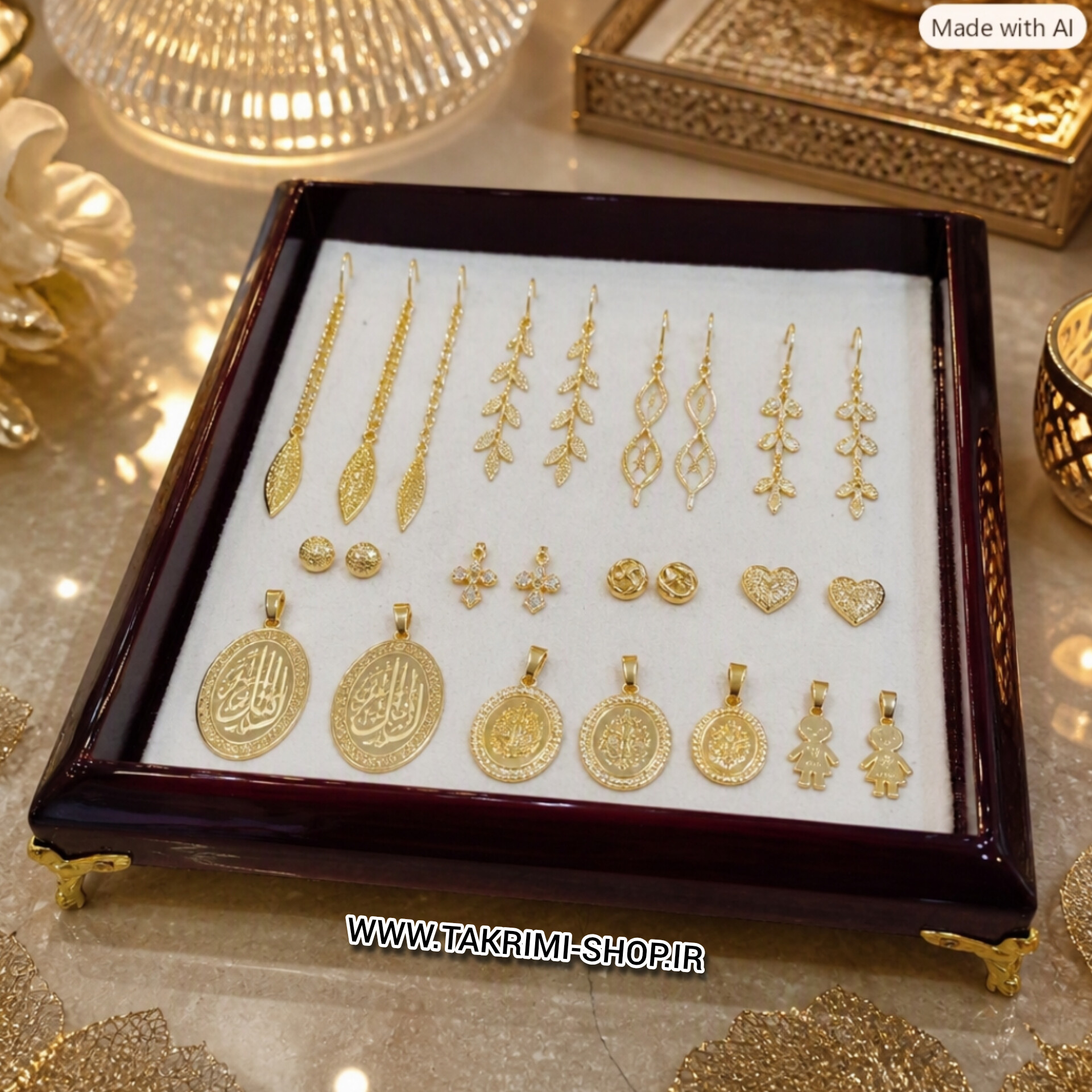 استند لوازم آرایشی یا سینی جواهرات ابعاد 20 * 20 و طلاجات پشت ویترینی زرشکی ( تولیدی تکریمی شاپ )